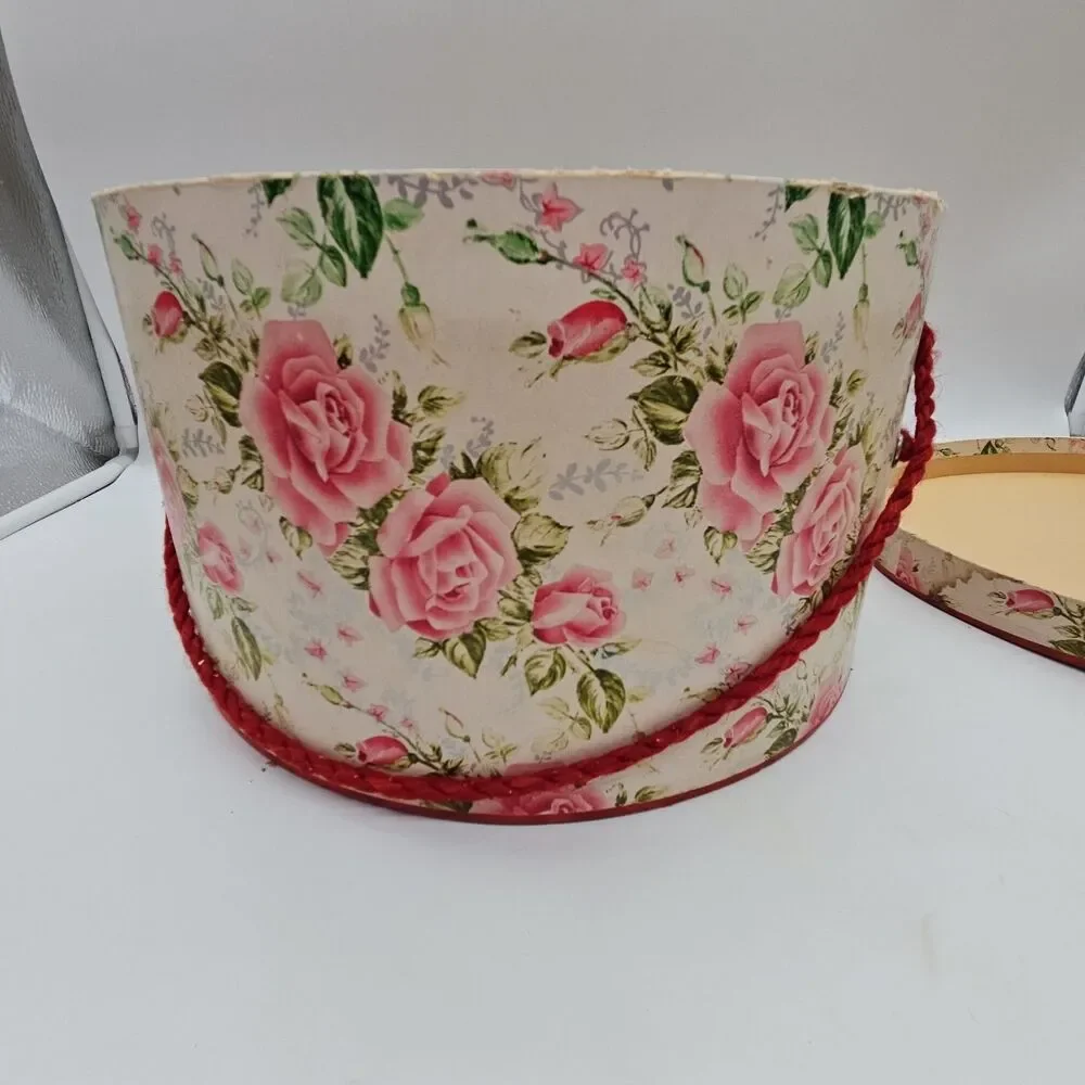 Vintage PINK FLORAL HATBOX w/CORD HANDLE Wallpaper Shabby Chic
